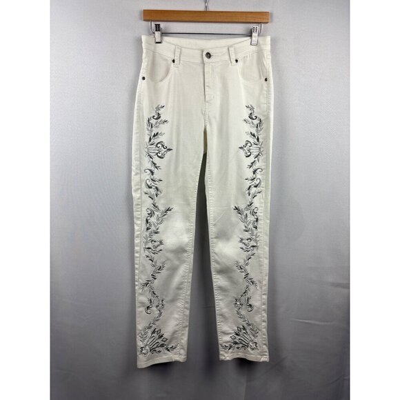 Anthony Studios Denim - Women’s Anthony Studios Size 6 White Jeans with Silver & Grey Embroidery